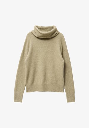 Licht olijfgroene coltrui gemaakt van zacht gebreid materiaal. Heeft een losse pasvorm, ribbelkraag en -manchetten, met een rechte zoom op de taille.