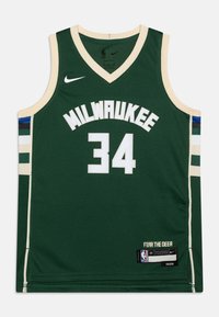 Žalias krepšinio marškinėlis su baltais užrašais "MILWAUKEE" ir numeriu "34". Savyje turi smėlėtų atspalvių apdailą, šonuose juosteles mėlyna, žalia ir juoda. Įtrauktas Nike logotipas.