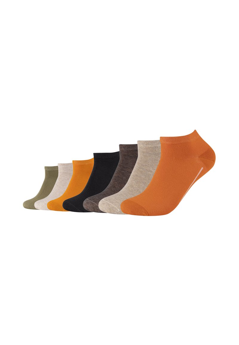 Set di sette calzini alla caviglia in vari colori: verde oliva, senape, nero, marrone scuro, beige chiaro e arancione. Realizzati in materiale morbido e liscio.