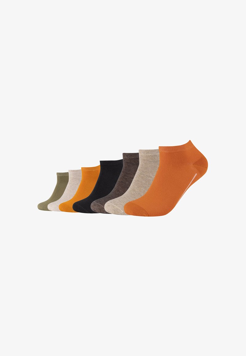 Set di sette calzini alla caviglia in vari colori: verde oliva, senape, nero, marrone scuro, beige chiaro e arancione. Realizzati in materiale morbido e liscio.