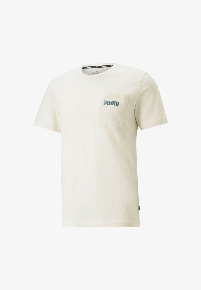 Košile s krátkým rukávem vyrobená z lehkého béžového bavlněného materiálu, s kapsičkou na levé straně hrudníku s modrým logem "PUMA", kulatým výstřihem a standardním střihem.