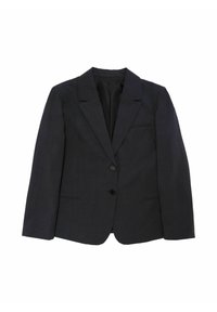 Blazer ajustado de color gris oscuro con solapas en pico, dos bolsillos frontales, cierre de un solo botón y una textura de tela suave.