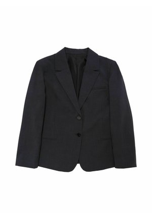 Dunkelgrauer maßgeschneiderter Blazer mit Reverskragen, zwei vorderen Taschen, einer Knopfschließe und einer glatten Stofftextur.