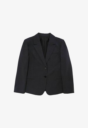 Dark grey tailored blazer with notch lapels, two front pockets, single button closure, and a smooth fabric texture.