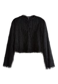 Chaqueta negra corta con textura peluda, con mangas largas y escote en V. Hecha de un material esponjoso con finos hilos metálicos.