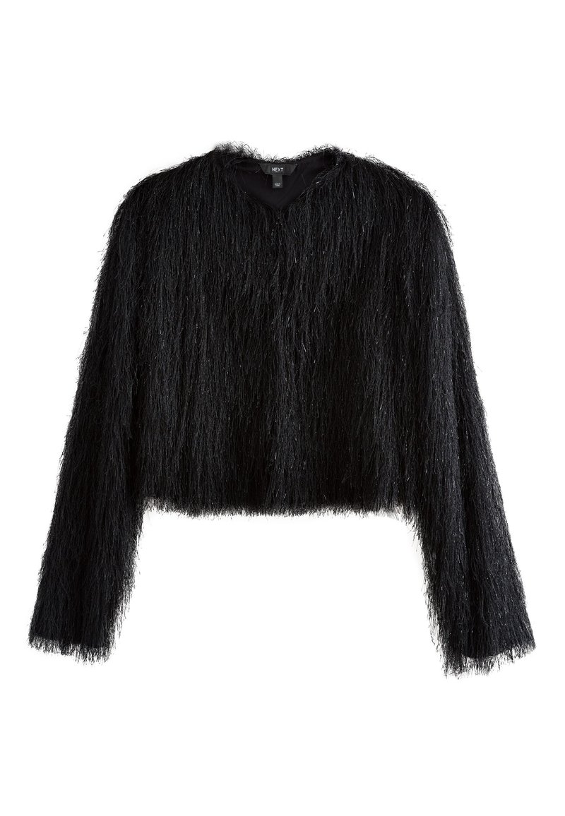 Chaqueta negra corta con textura peluda, con mangas largas y escote en V. Hecha de un material esponjoso con finos hilos metálicos.