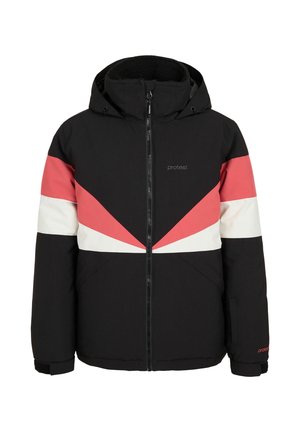 Veste d'hiver noire avec des rayures inclinées roses et blanches, fermeture éclair frontale, capuche, et logo "protest" sur la poitrine et le poignet de la manche.