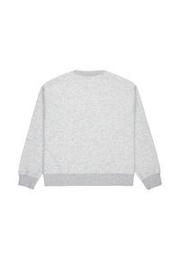 Sudadera gris vista desde la espalda, con mangas largas y un diseño simple con puños y dobladillo acanalados.