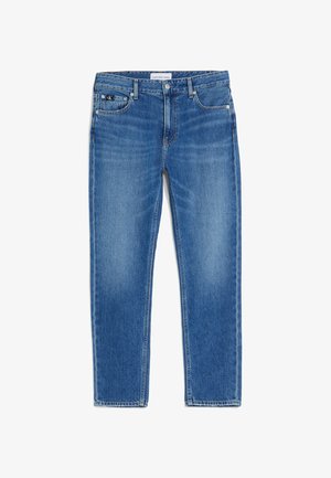 Jeans in denim blu a gamba dritta con lavaggio sbiadito, design a cinque tasche e chiusura con bottone. Presenta etichetta con marchio sulla vita.