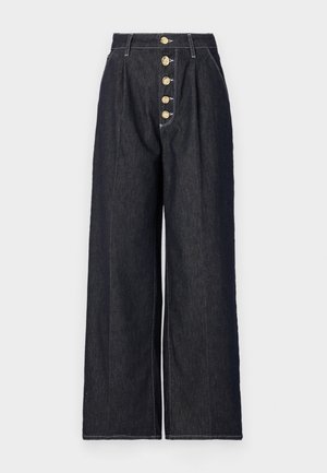 Dark denim wide-leg pants with a high waist and five gold-tone buttons at the front. Features visible stitching and a relaxed fit.