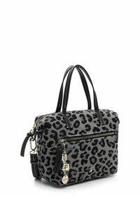 Leopard-print fabric handbag in grey and black. Features two black handles, a front zipper pocket, and gold hardware accents.