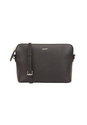 Black leather crossbody bag with textured finish, zip closure, adjustable strap, and small metal logo accent. Compact rectangular shape.