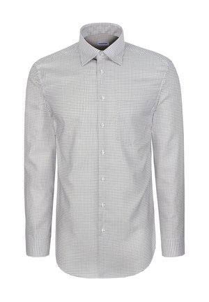 Langærmet skjorte med knapper i hvidt og gråt ternet mønster, med krave og forlommer, lavet af et let stof.