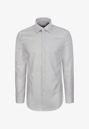 Koszula na guziki z długim rękawem w biało-szary wzór w kratę, z kołnierzykiem i przednią kieszenią, wykonana z lekkiego materiału.