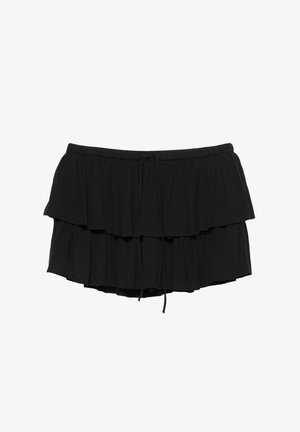 Schwarzer, gestufter, plissierter Minirock mit elastischem Bund und vorne mit Kordelzug, vor weißem Hintergrund.