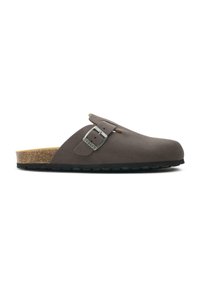 Gray suede slip-on clog with a cork footbed and rubber outsole. Features a single adjustable buckle strap on the upper.