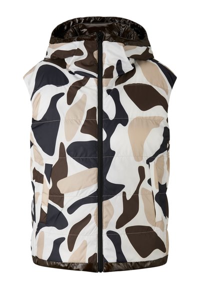 Ocieplana kamizelka bez rękawów z kamuflażowym wzorem w odcieniach brązu, beżu i czerni. Posiada kaptur, przedni zamek błyskawiczny oraz boczne kieszenie.