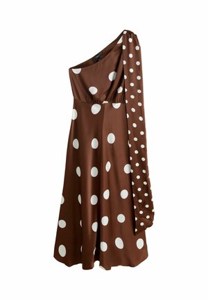 Braunes ärmelloses Kleid mit einem einzigen langen Ärmel, verziert mit großen weißen Punkten. Hergestellt aus glattem Stoff mit lockerem Schnitt.