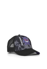 Cappellino nero con retro in rete, caratterizzato da un personaggio di Pokémon viola davanti, con un design tie-dye sul tessuto principale e una visiera solida.