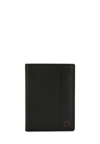 Portefeuille en cuir noir avec une surface texturée, de forme rectangulaire, poche latérale, et un petit logo circulaire détaillé en rouge dans le coin inférieur droit.