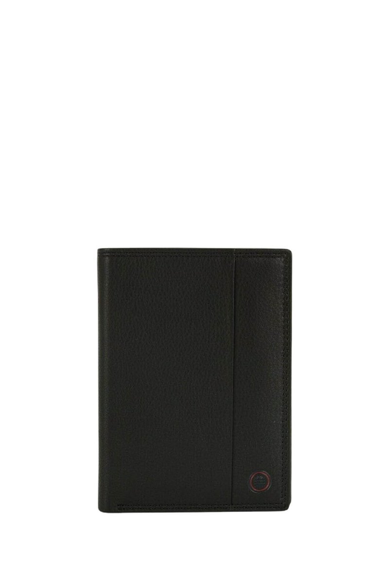Portefeuille en cuir noir avec une surface texturée, de forme rectangulaire, poche latérale, et un petit logo circulaire détaillé en rouge dans le coin inférieur droit.