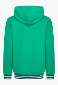 Felpa verde con cappuccio in morbido tessuto, dotata di tasca a marsupio, polsini a costine e un orlo a strisce blu e bianche.