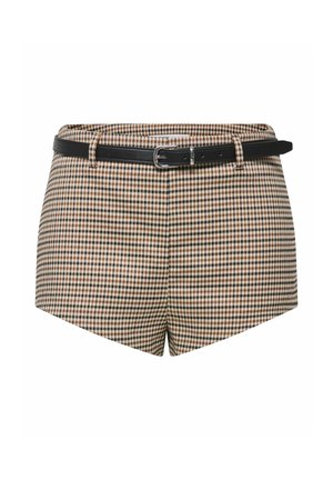 Shorts taille haute à carreaux beige, marron et noir avec ceinture noire et boucle argentée affichés sur fond blanc.