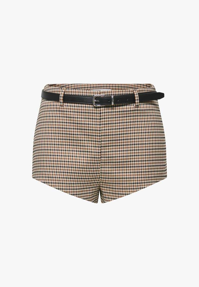 Shorts taille haute à carreaux beige, marron et noir avec ceinture noire et boucle argentée affichés sur fond blanc.