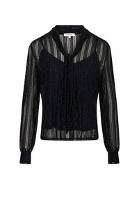 Blusa nera trasparente con strisce verticali, maniche lunghe, polsi a maniche a sbuffo e dettaglio al collo con nodo, abbinata a una canotta nera interna.