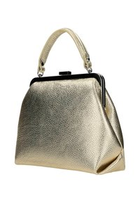 Metallisch goldene Handtasche mit einer strukturierten Lederoberfläche, festem Design und schwarzer Verschluss- sowie Tragehardware.