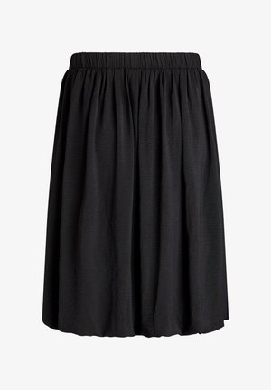 Gonna nera al ginocchio con vita elasticizzata, caratterizzata da un design arricciato e un tessuto leggero e strutturato. Semplice e versatile.