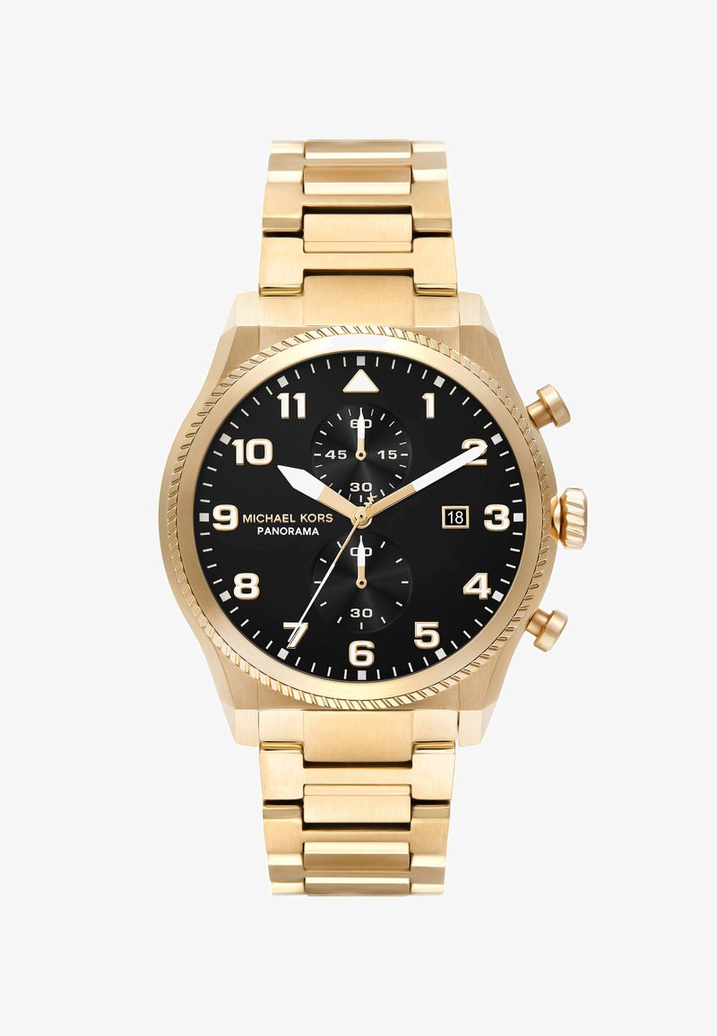 Gouden roestvrijstalen chronograafhorloge met een zwarte wijzerplaat, witte uren- en minutenwijzers en een datumaanduiding op 4 uur.