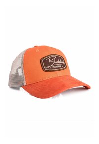 Sapca de baseball portocalie si bej din plasă, cu cozoroc curbat și cu o etichetă „Blackskies TRADEMARK” pe panoul frontal.