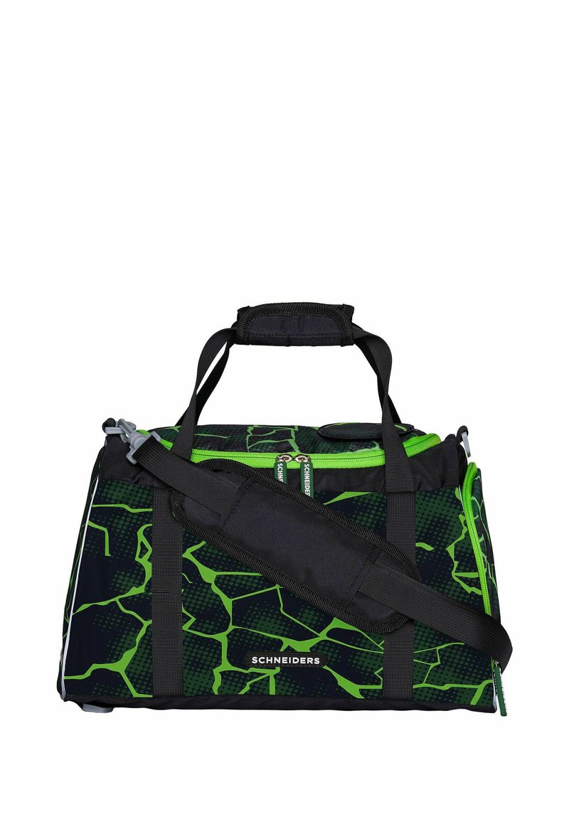 Bolsa de viaje con un diseño agrietado en negro y verde, que cuenta con asas resistentes, una correa para el hombro desmontable y cierre de cremallera.