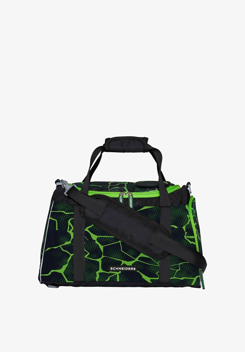 Bolsa de viaje con un diseño agrietado en negro y verde, que cuenta con asas resistentes, una correa para el hombro desmontable y cierre de cremallera.