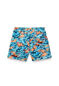 Bañador de patrones azul y naranja con cintura elástica y bolsillo lateral, fabricado en un tejido ligero y de secado rápido.