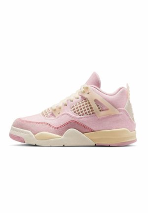 Pink and cream high-top sneaker with mesh side panel, lace-up design, and cushioned sole, shown in side profile on white background.