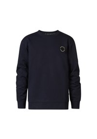 Sweat à manches longues bleu marine, col rond, avec un emblème sur la poitrine présentant un design circulaire. Fabriqué à partir d'un tissu texturé.