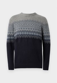 Sötétkék kötött pulóver, szürke cikk-cakk mintával a felső részen, kerek nyakkal és bordázott mandzsettákkal, valamint aljjal.