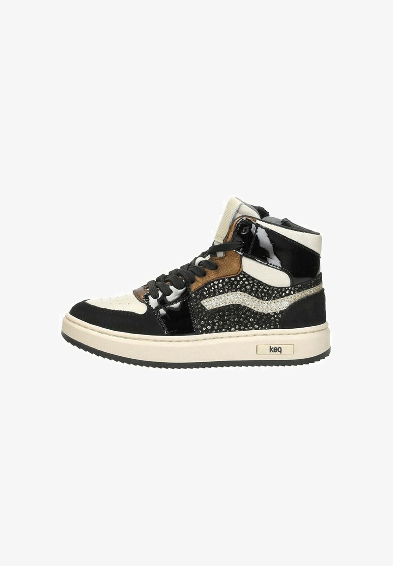 High-top sneakers featuring a mix of black, white, and brown materials, adorned with rhinestones and a textured sole.
