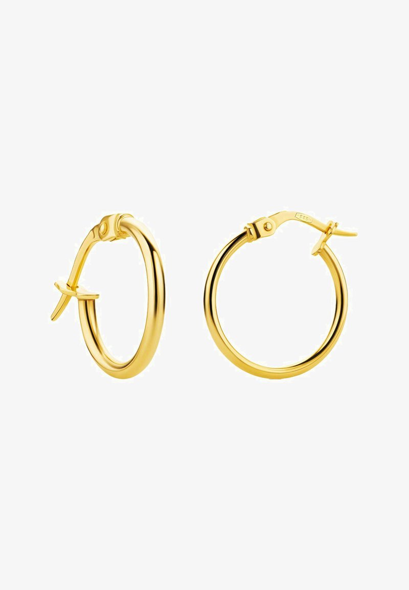 Zlaté kruhové náušnice s hladkým, lesklým povrchom, vybavené závěsným uzáverom a jednoduchým, obručovým dizajnom. Priemer je stredne veľký.