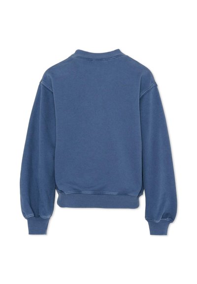 Niebieska bluza z okrągłym dekoltem, długimi, bufkowatymi rękawami oraz ściągaczami na mankietach. Miękka bawełniana tkanina o gładkiej fakturze i swobodnym kroju.