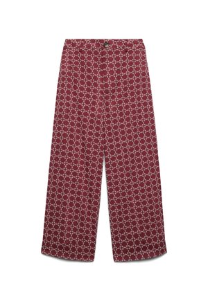 Pantalon large bordeaux avec motif géométrique blanc en forme de chaîne, bouton sur le devant et taille élastique.