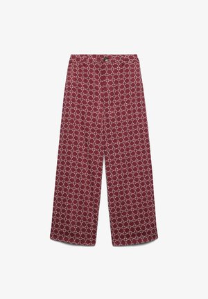 Pantalon large bordeaux avec motif géométrique blanc en forme de chaîne, bouton sur le devant et taille élastique.