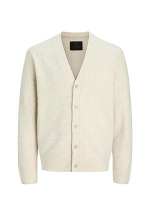 Helles beiges Cardigan aus weichem Strickstoff, mit V-Ausschnitt, langen Ärmeln und einer sechs Knopf-Verschlussleiste mit strukturierter Detailgestaltung.