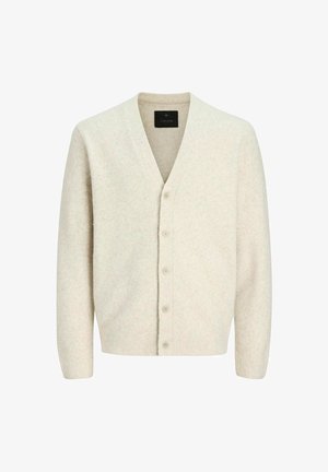 Helles beiges Cardigan aus weichem Strickstoff, mit V-Ausschnitt, langen Ärmeln und einer sechs Knopf-Verschlussleiste mit strukturierter Detailgestaltung.