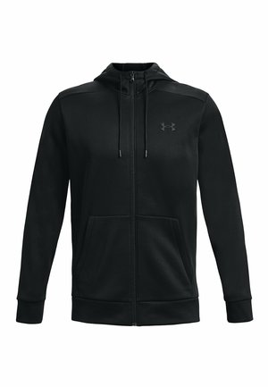 Black zip-up hoodie made of smooth, lightweight fabric. Features a drawstring hood, two front pockets, and a subtle logo on the chest.