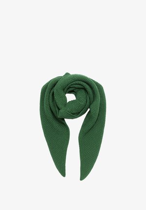 Green textured scarf twisted into a knot, featuring elongated ends and a waffle-knit pattern. Suitable for various styling options.