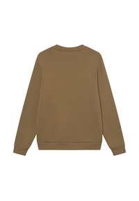 Sweatshirt marron avec un col rond, des poignets et un ourlet côtelés. La vue arrière montre une texture lisse sans détails supplémentaires.