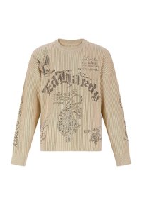 Beige ribbed Pullover mit langen Ärmeln, versehen mit schwarzem Drucktext und grafischen Designs. Rundhalsausschnitt mit lockerer Passform.